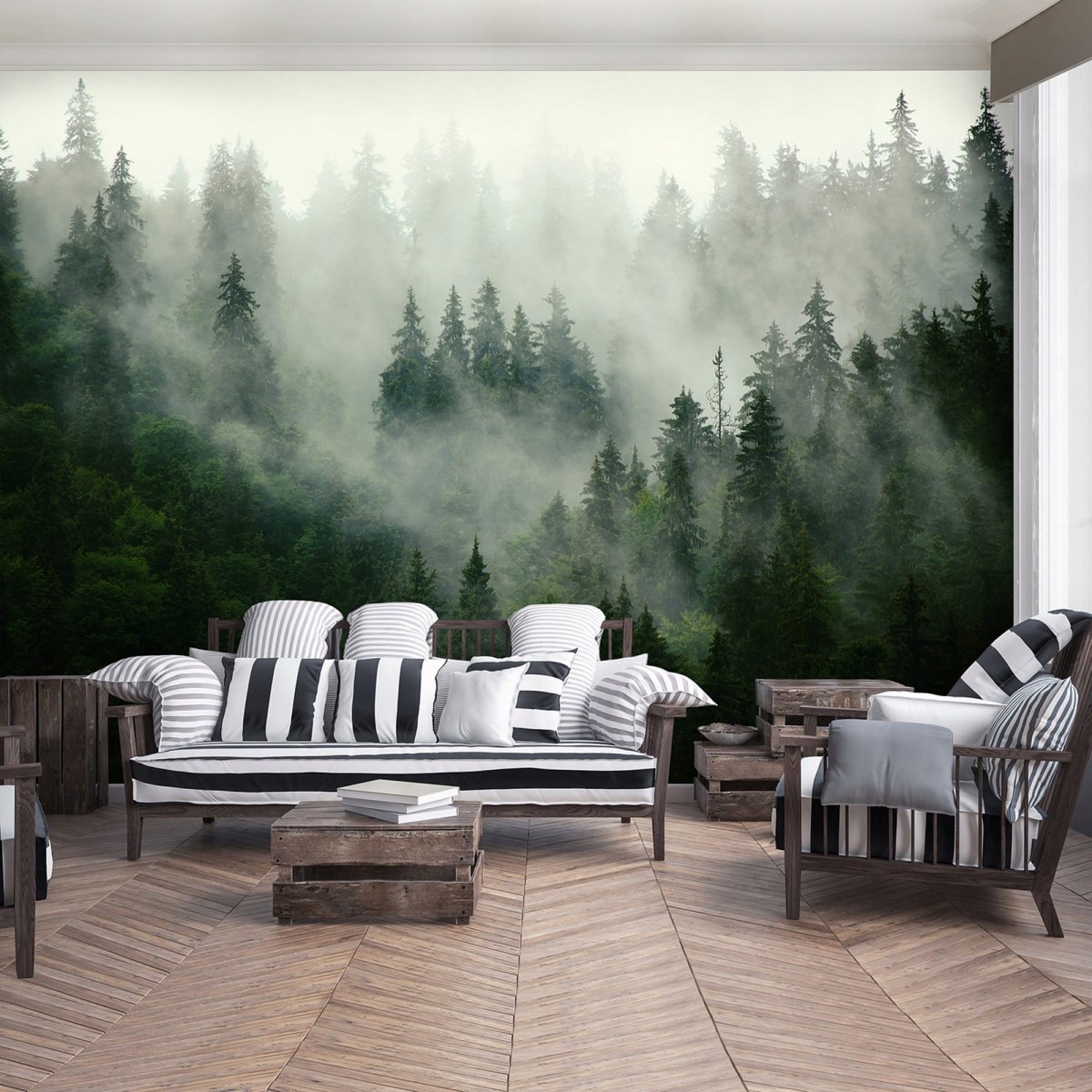 Фотообои в интерьере гостиной за диваном