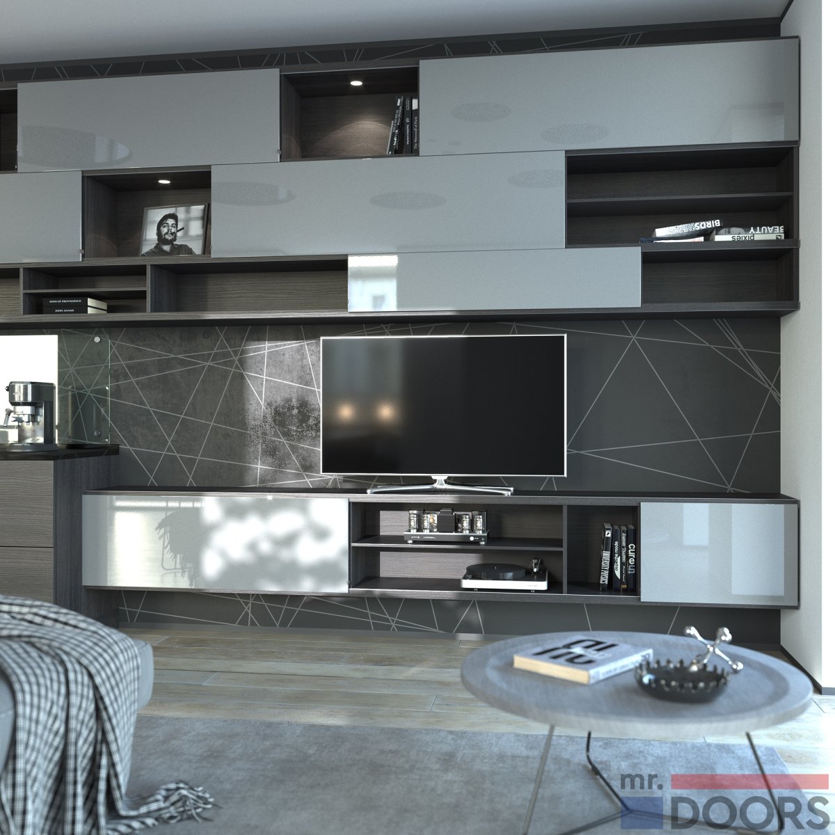 Камин и телевизор в интерьере гостиной