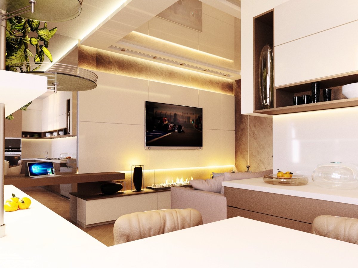 Идеи зоны ТВ В кухни-гостиной в светлых тонах