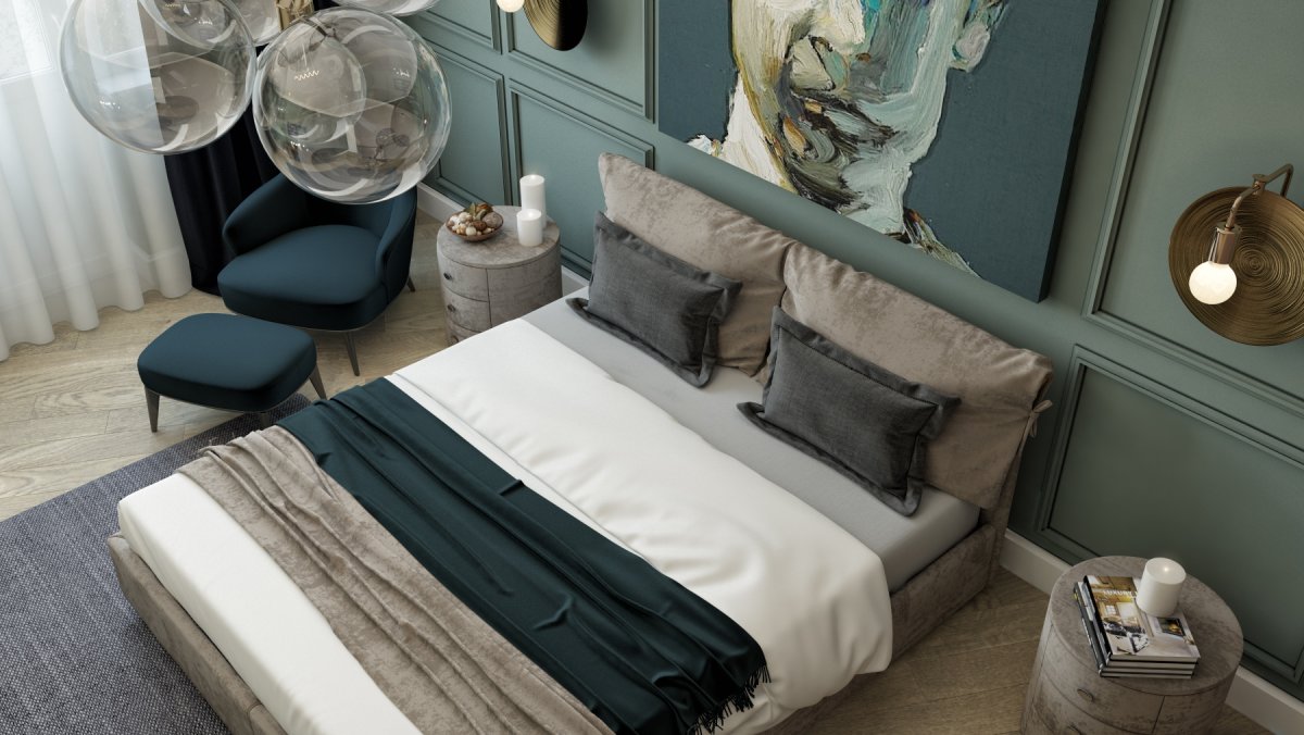 Спальня с мягкими стеновыми панелями