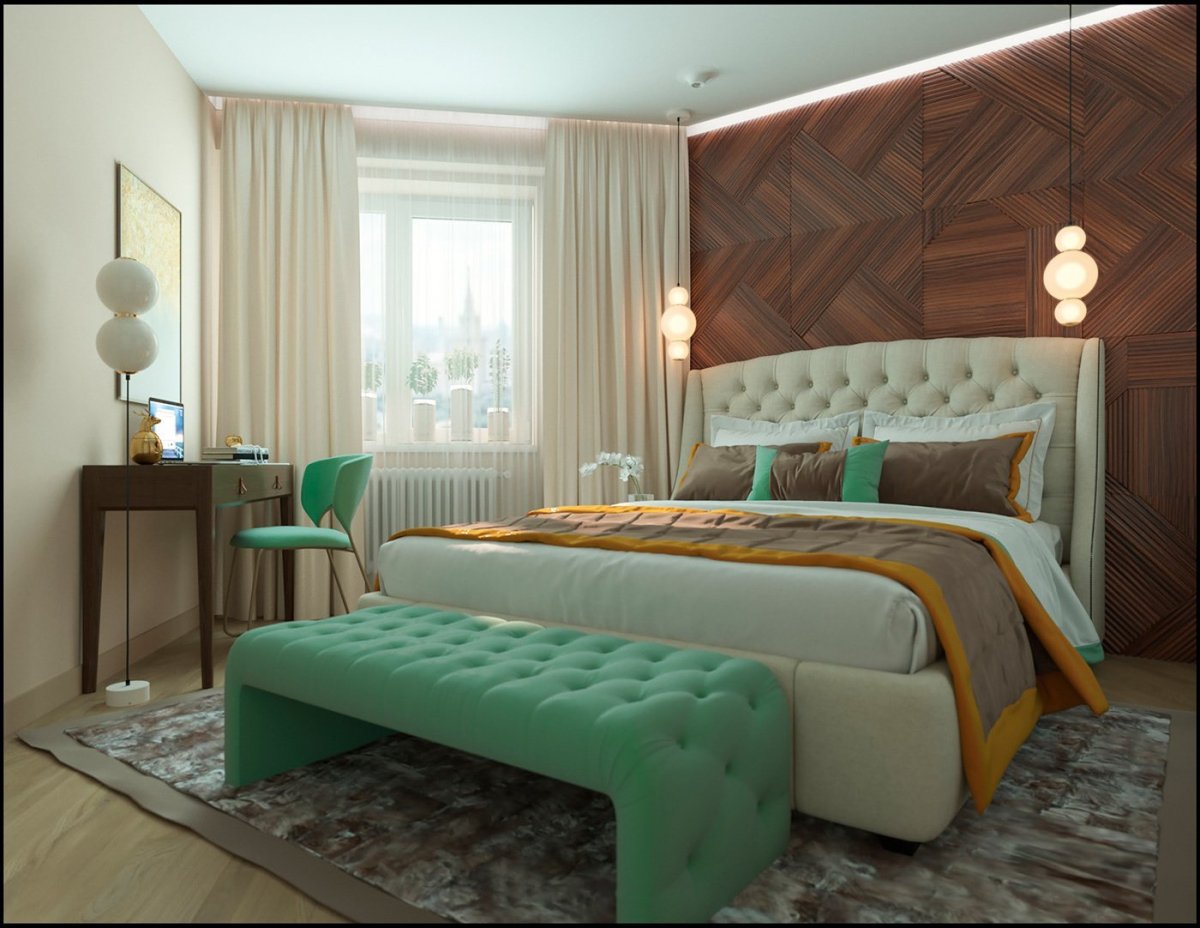 Зелено серая спальня