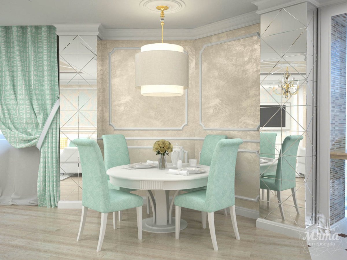 Ярко бирюзовый цвет в кухне с обеденным столом