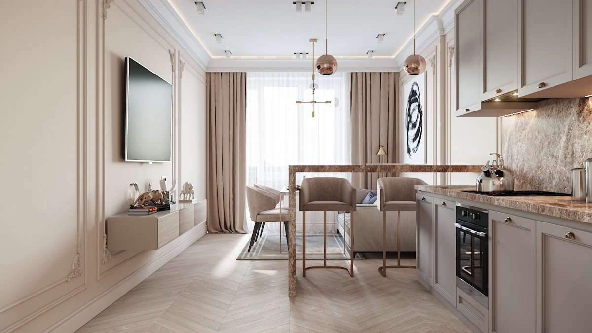 Светлая кухня-гостиная в пастельных тонах