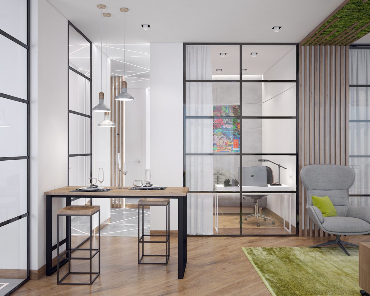 Стеклянная перегородка между кухней и гостиной