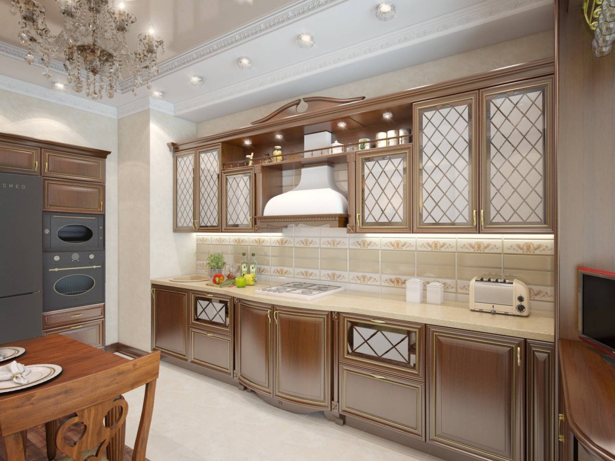 Кухня бежевая с золотом