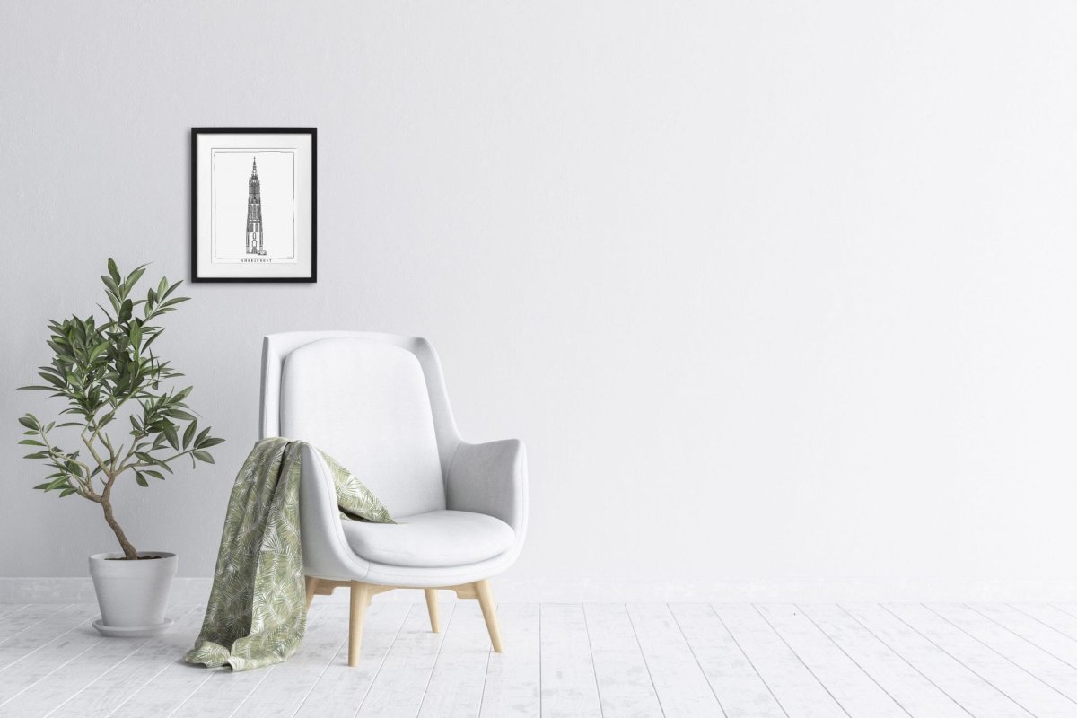 Кресло и стеллаж на фоне пустой стены