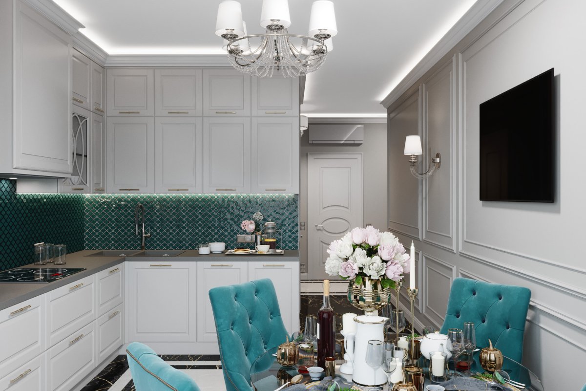 Шторы на кухню зеленые с белым