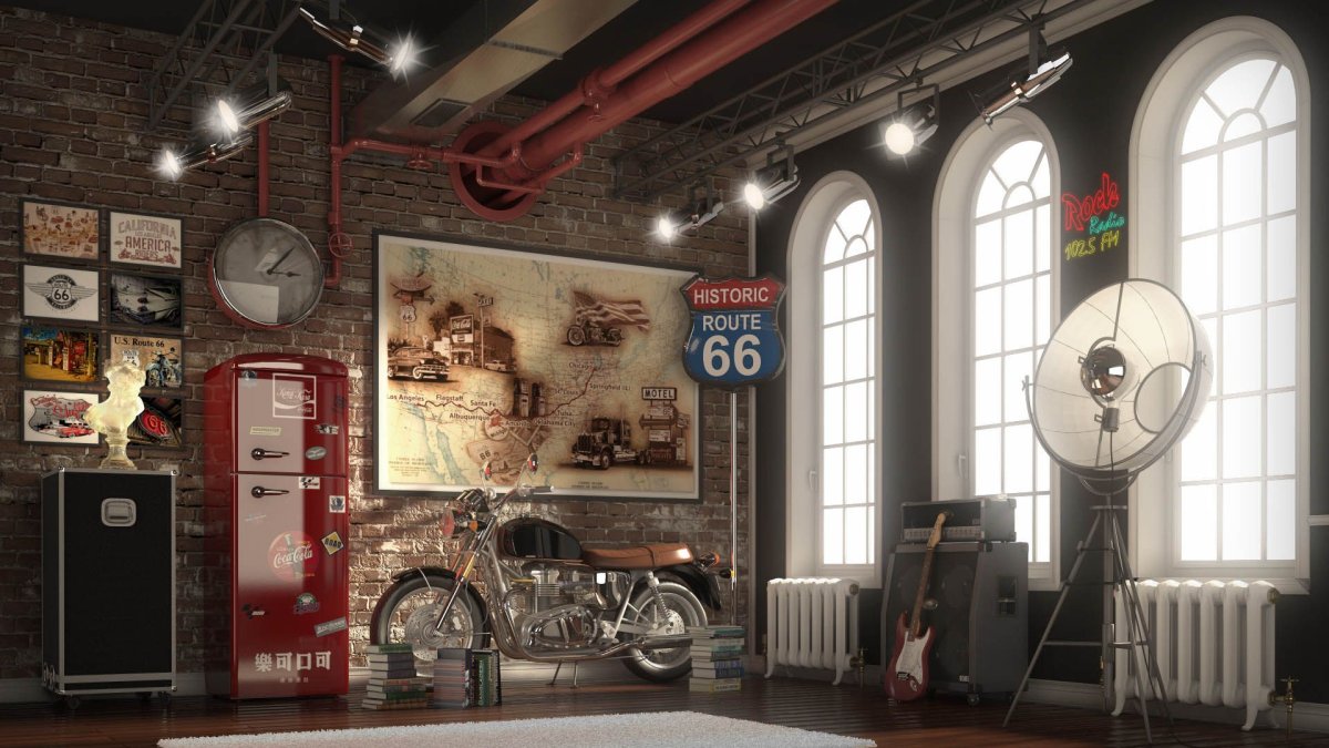 Гараж в стиле лофт мотоцикл