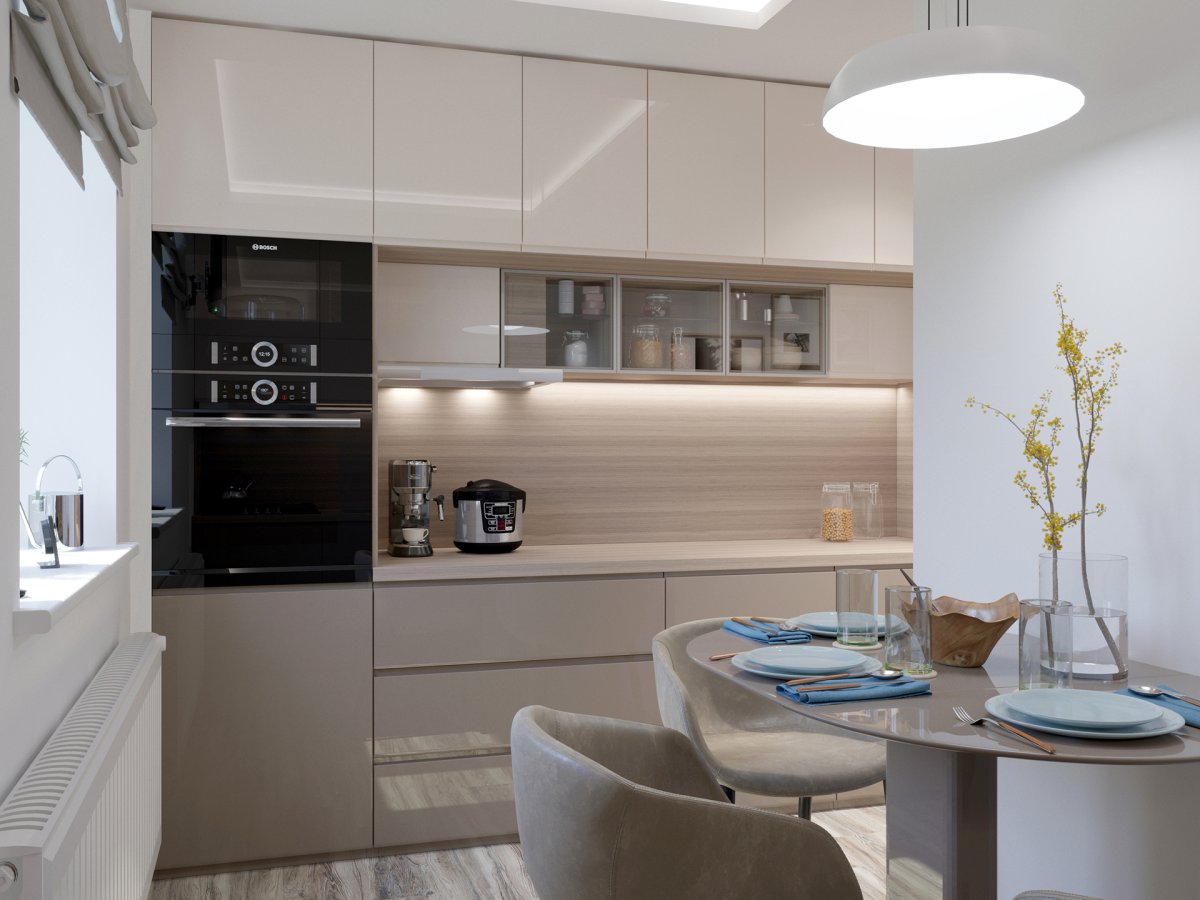 Кухня с золотым холодильником