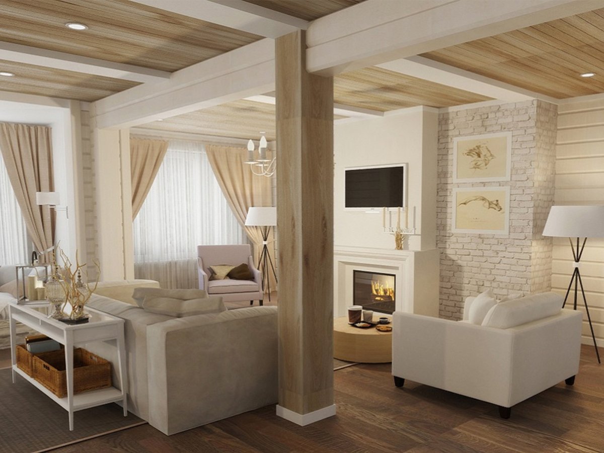 Гостиная на даче с камином