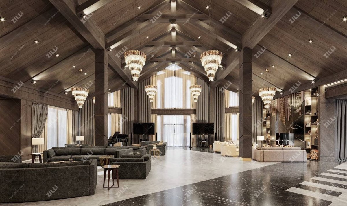 Колонны из дерева в интерьере гостиной