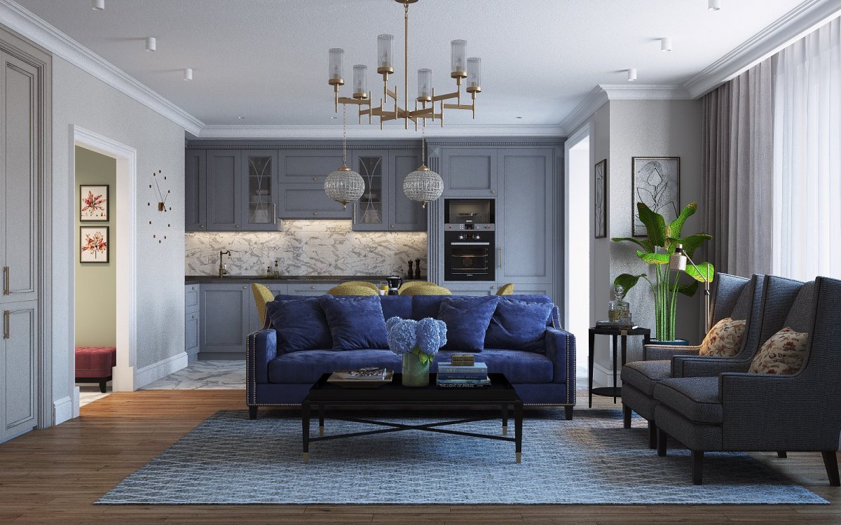 Синий диван в интерьере