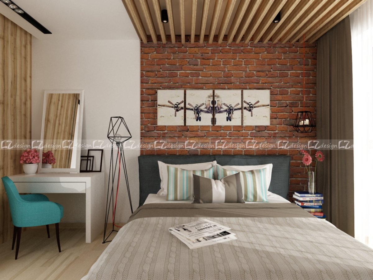 Спальня кирпич и дерево