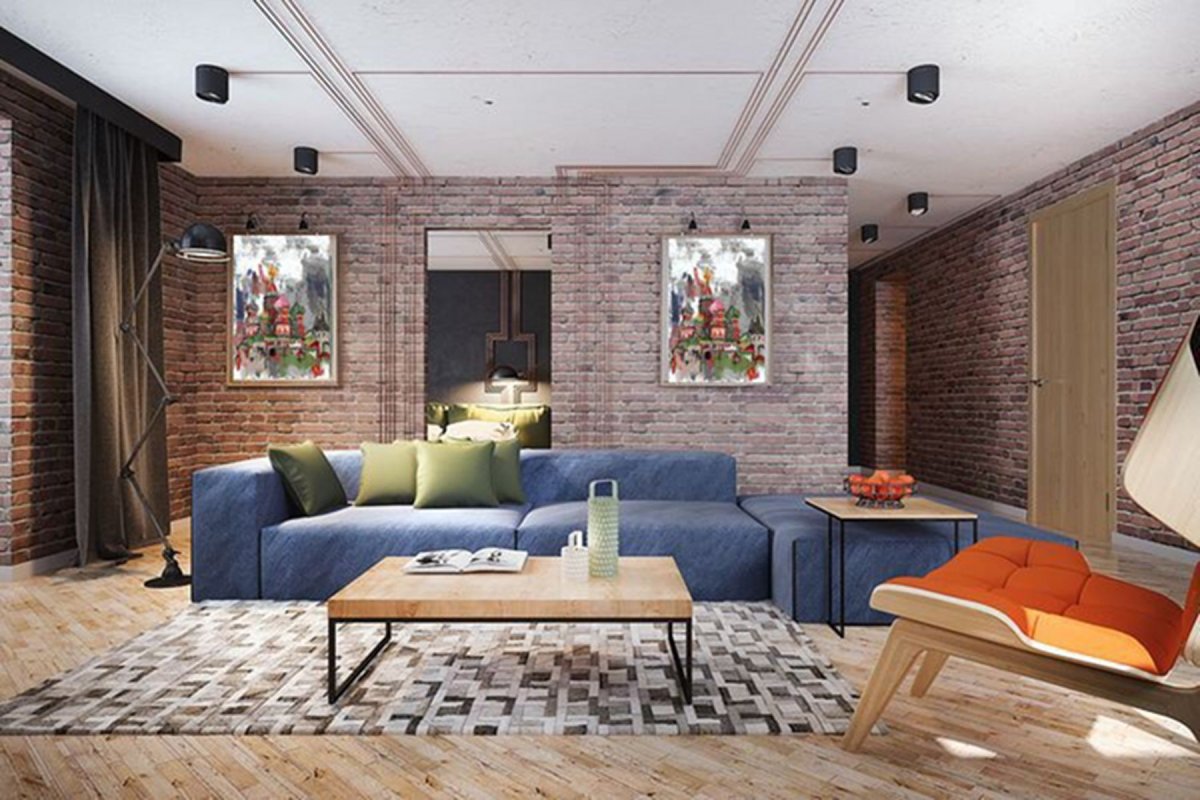 Гостиная в стиле лофт с кирпичной стеной