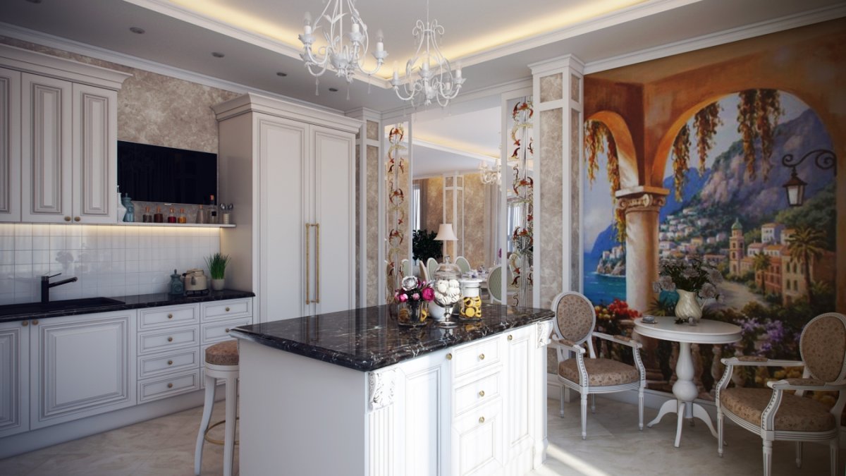 Зал с колоннами студия с кухней