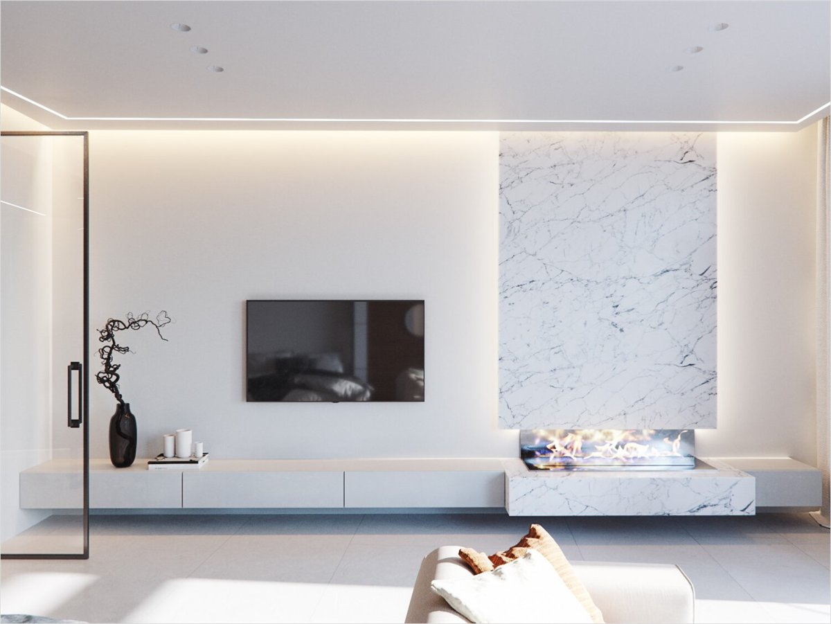 Керамогранит на стену в гостиной с телевизором
