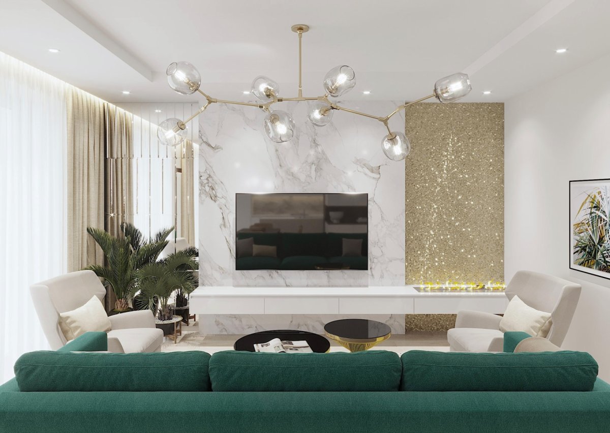 Мрамор и дерево в гостиной