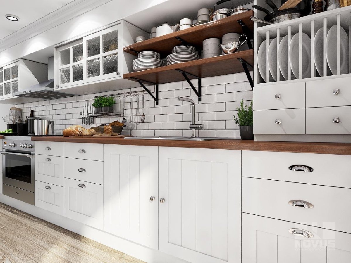 Кухня в скандинавском стиле с деревянной столешницей