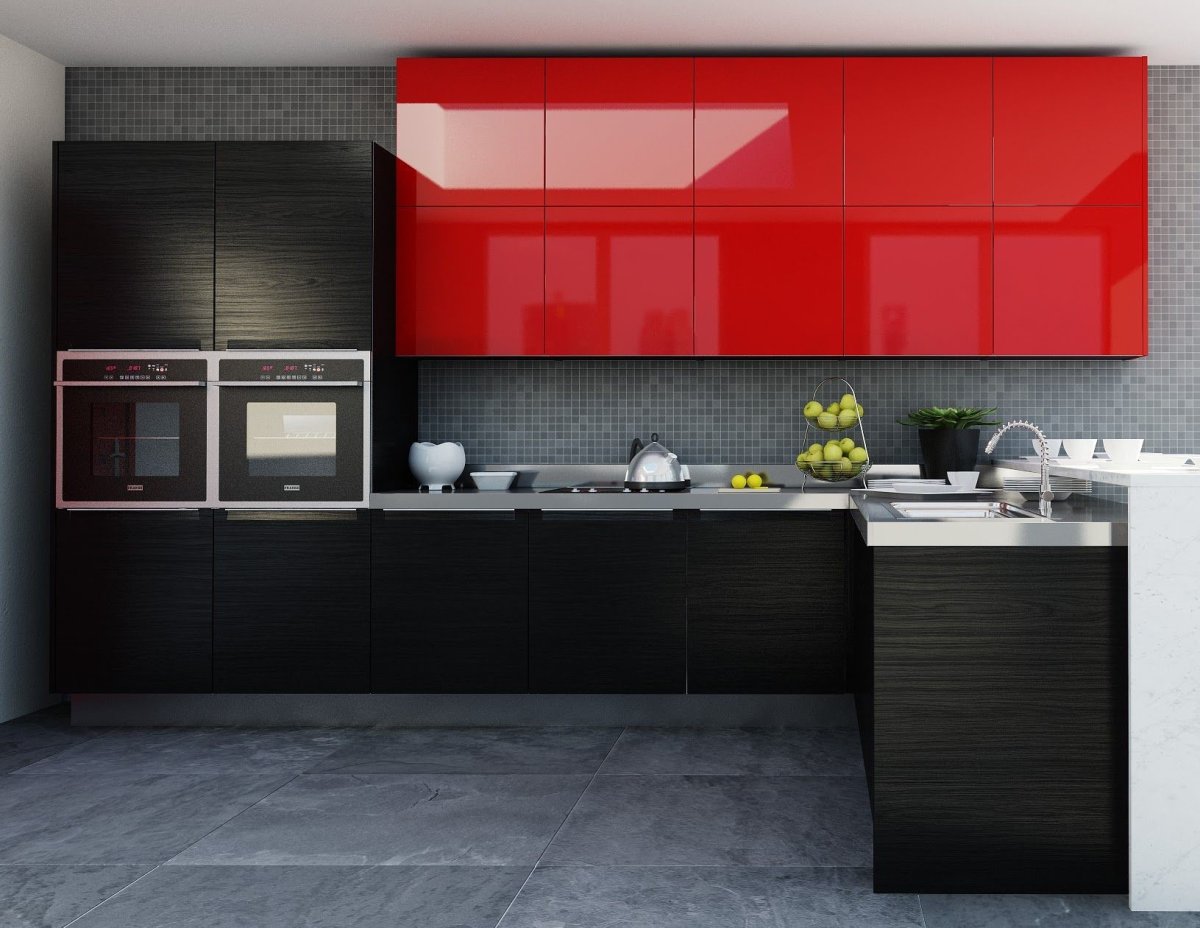 Белая кухня с красной столешницей