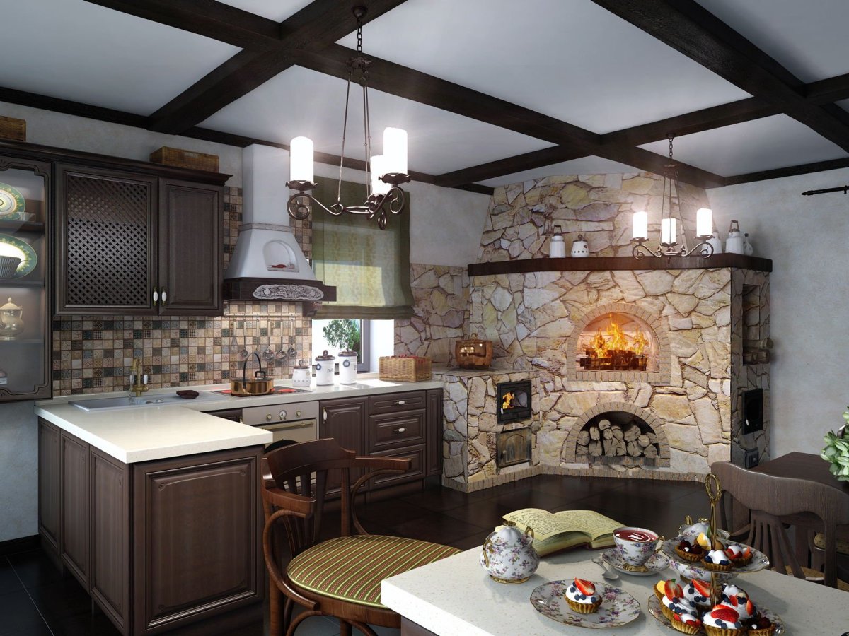 Деревенская кухня с печкой