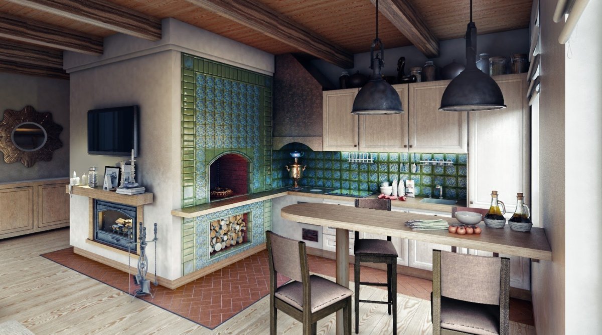 Кухня с печкой в частном доме