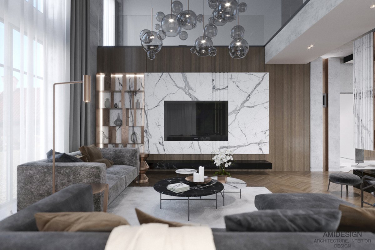 Мрамор в гостиной в стиле