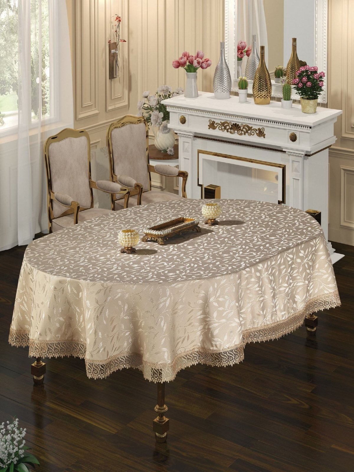 8525 Скатерть do&co c гипюром 160х220 КДК овальная цвет: зелёный