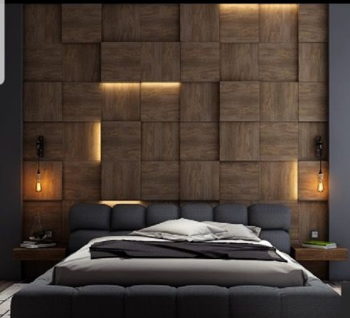 Деревянная мозайка в интерьере спальни