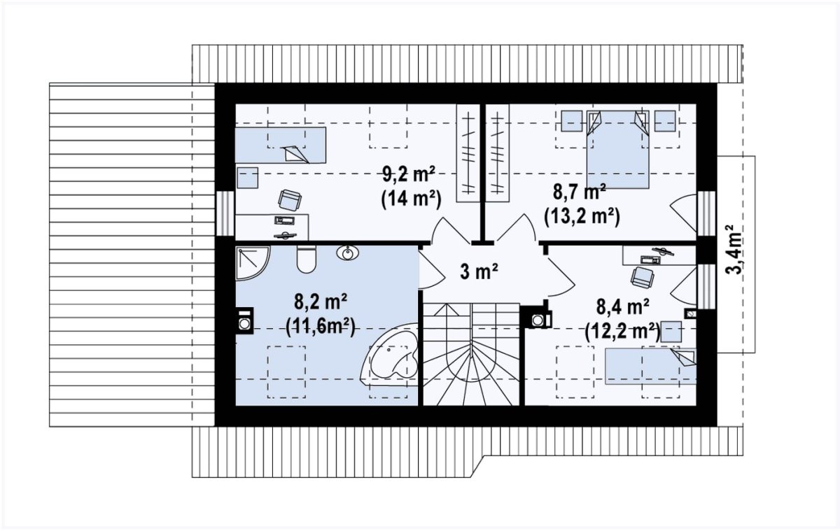 Спальни на мансардном этаже с двускатной крышей