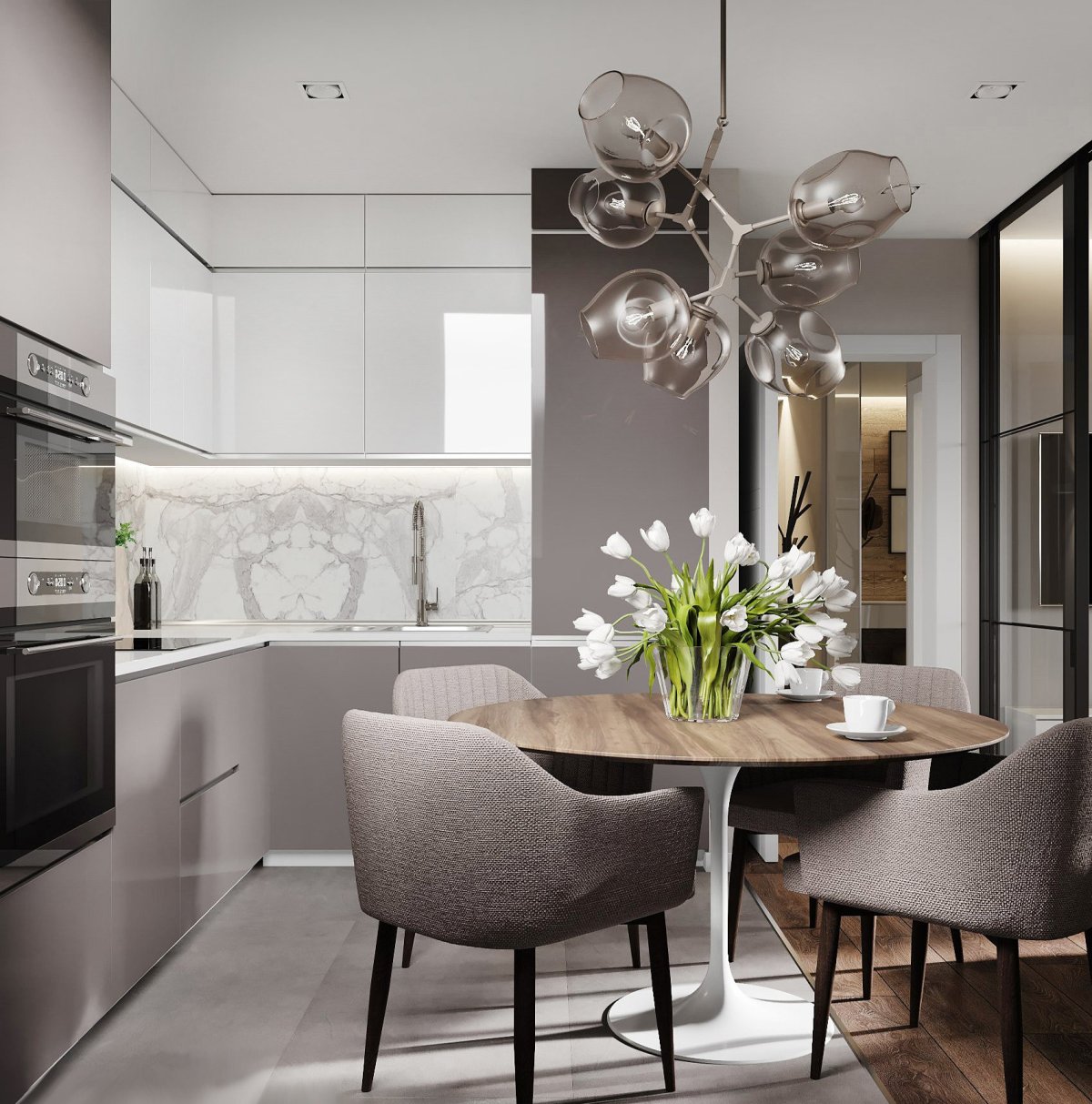 Интерьер кухни в серо коричневых тонах