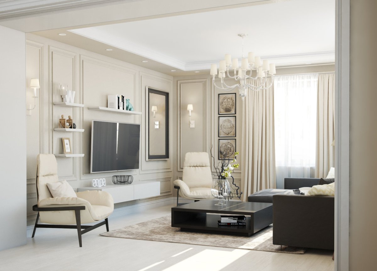 Гостиная Неоклассика светлая с камином