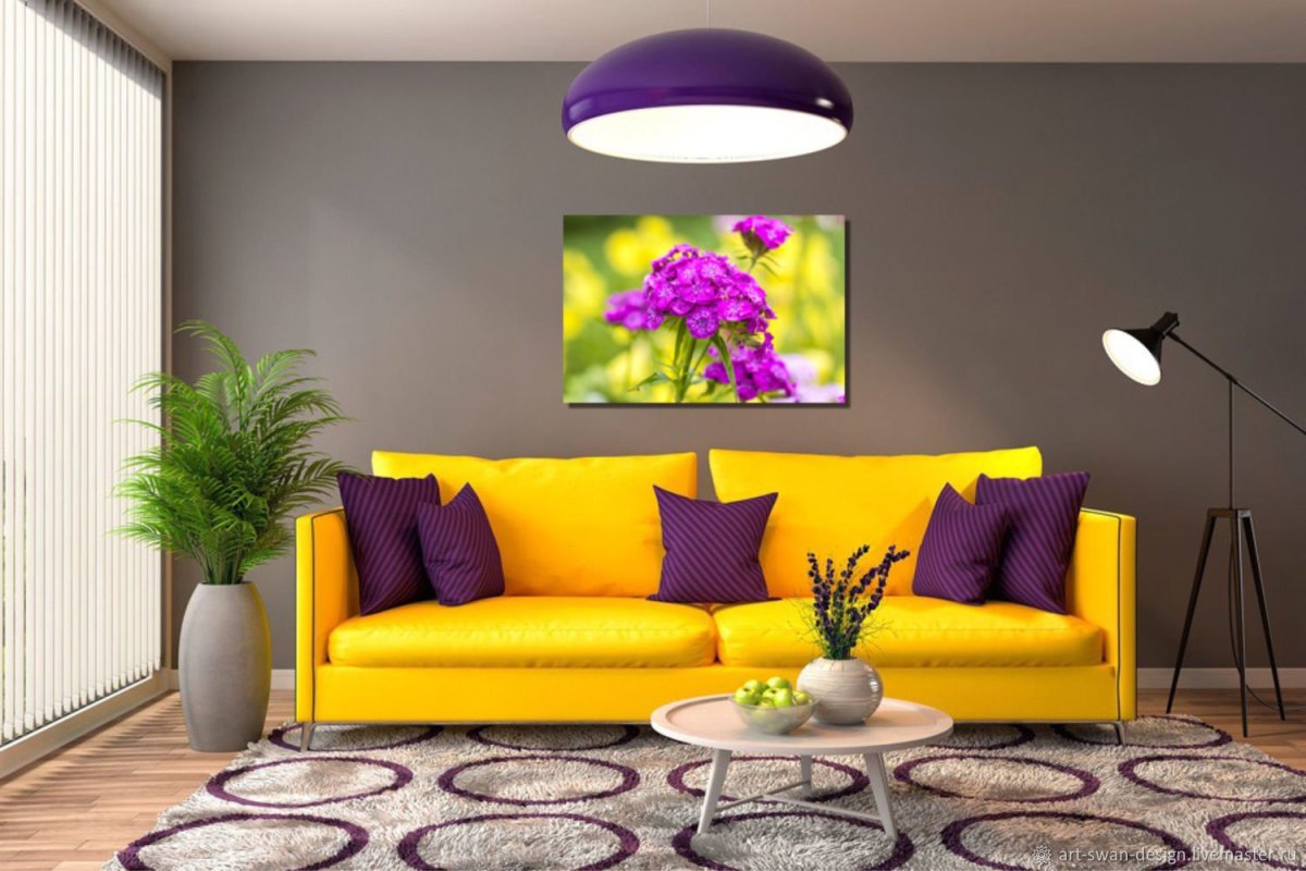 Шторы сиреневые с желтым