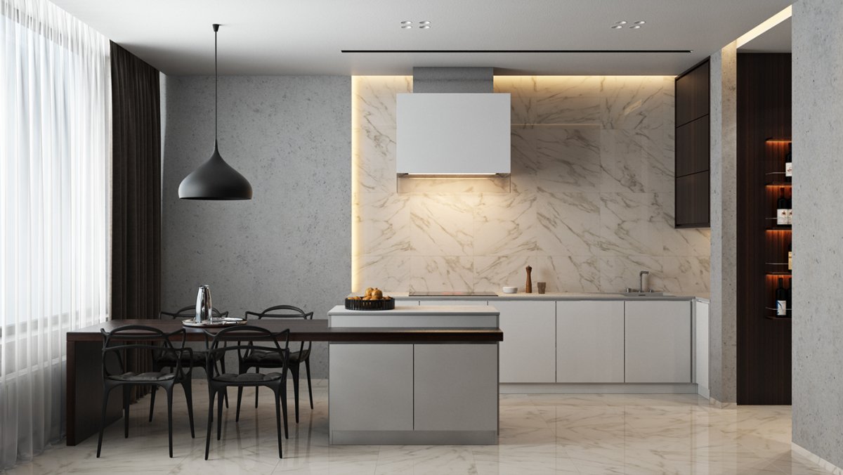 Цементно декор керамогранит в интерьере кухни