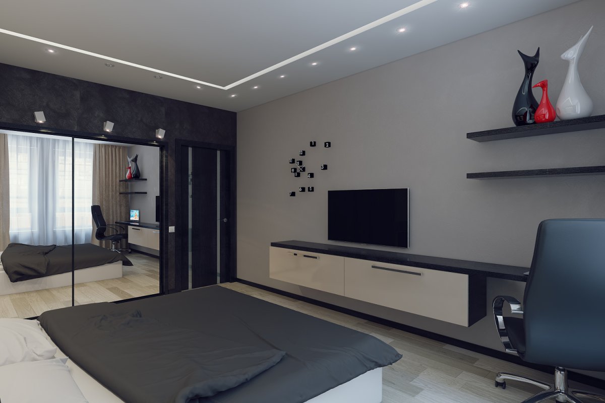 Встроенная стенка в гостиной с телевизором