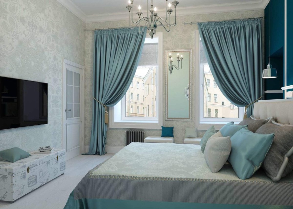 Голубые шторы в спальне