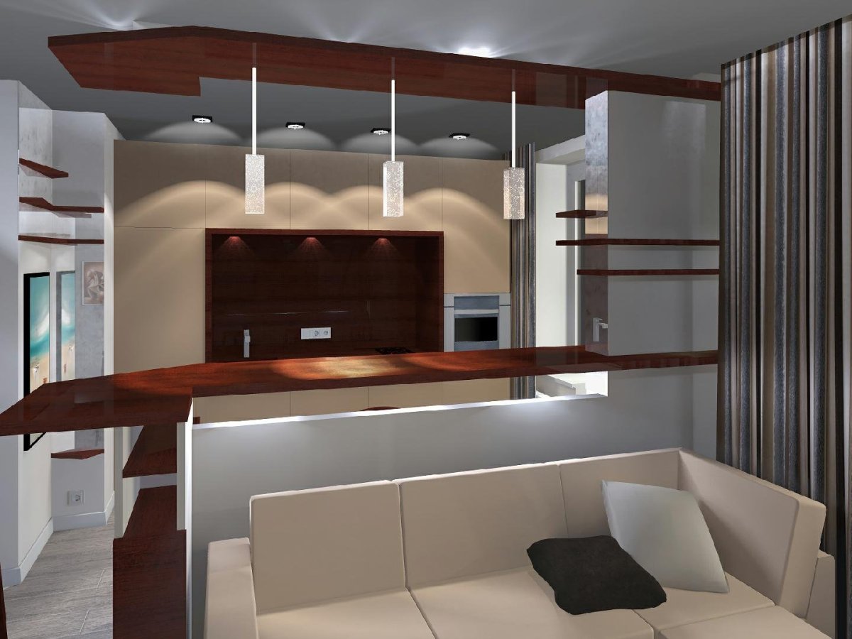 Кухня гостиная с барной стойкой у окна