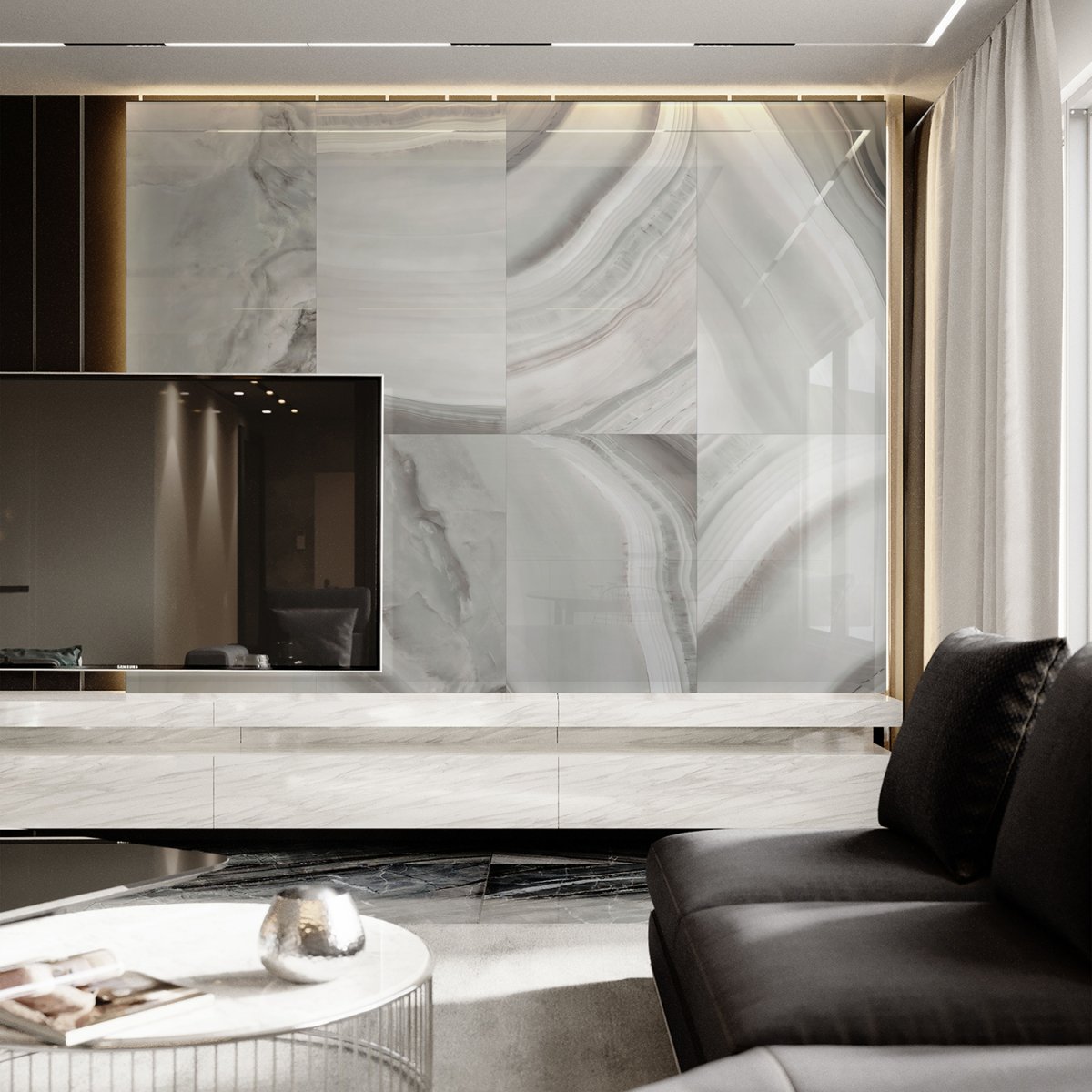 Слэб оникса с подсветкой в интерьере