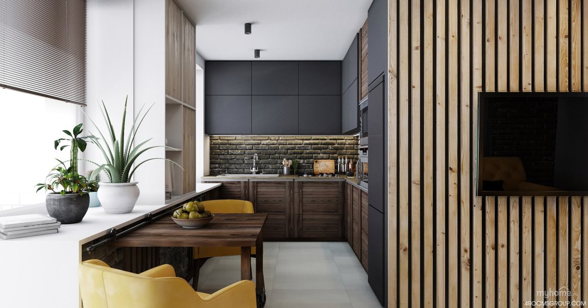 Кухня в хрущевке деревянные рейки