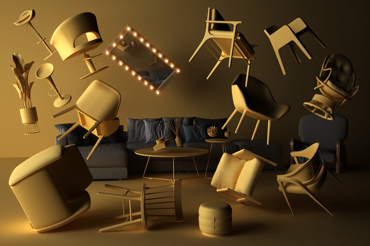 Вокруг человечка летает мебель