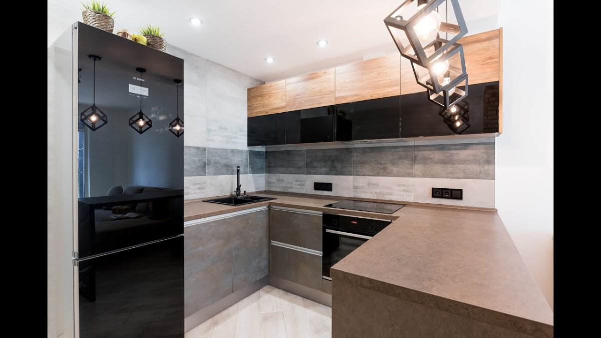 Кухня п-образная с барной стойкой лофт