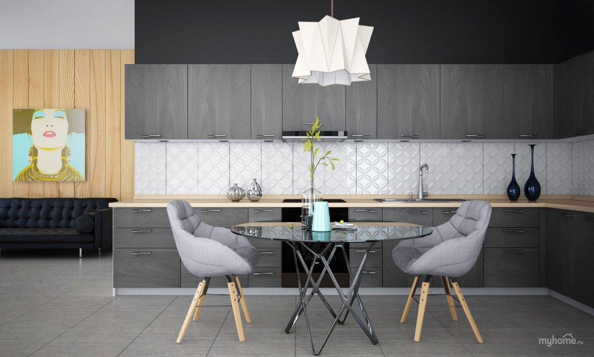 Кухня графит с деревом и белым