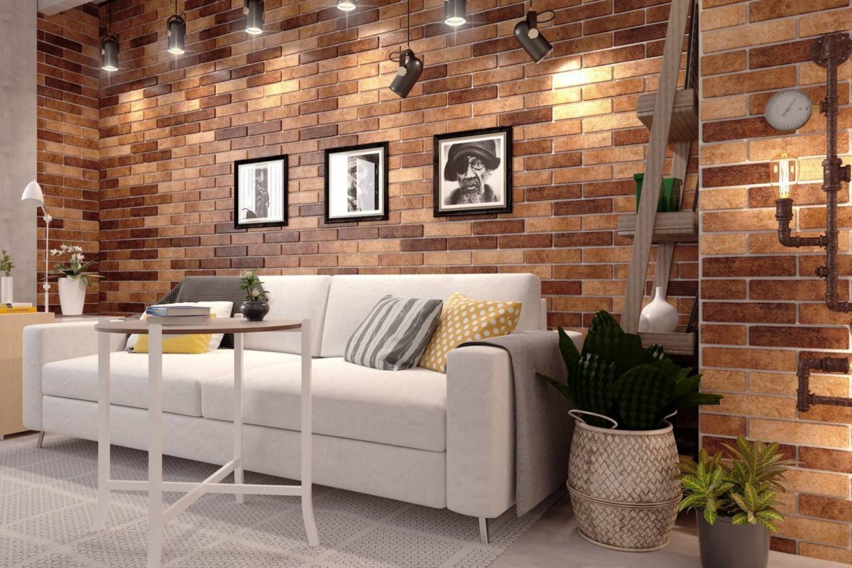Панели под кирпич и обои вид интерьера