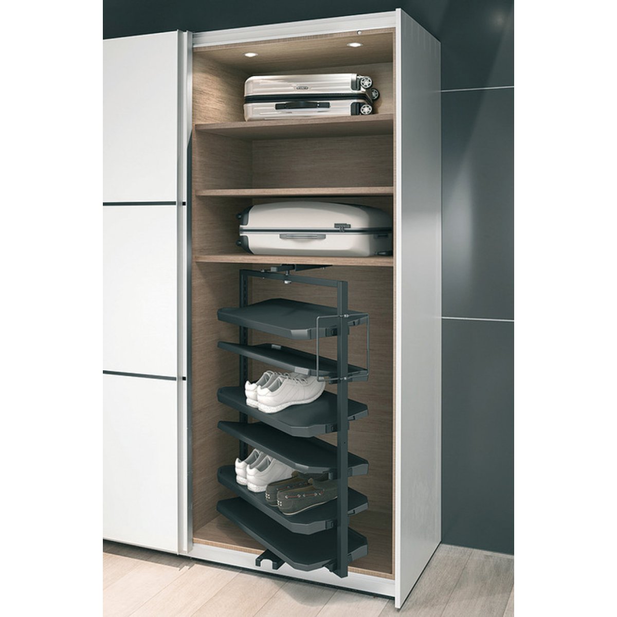 Выдвижная поворотная стойка для обуви, 800x1680x365 мм, 14 полок