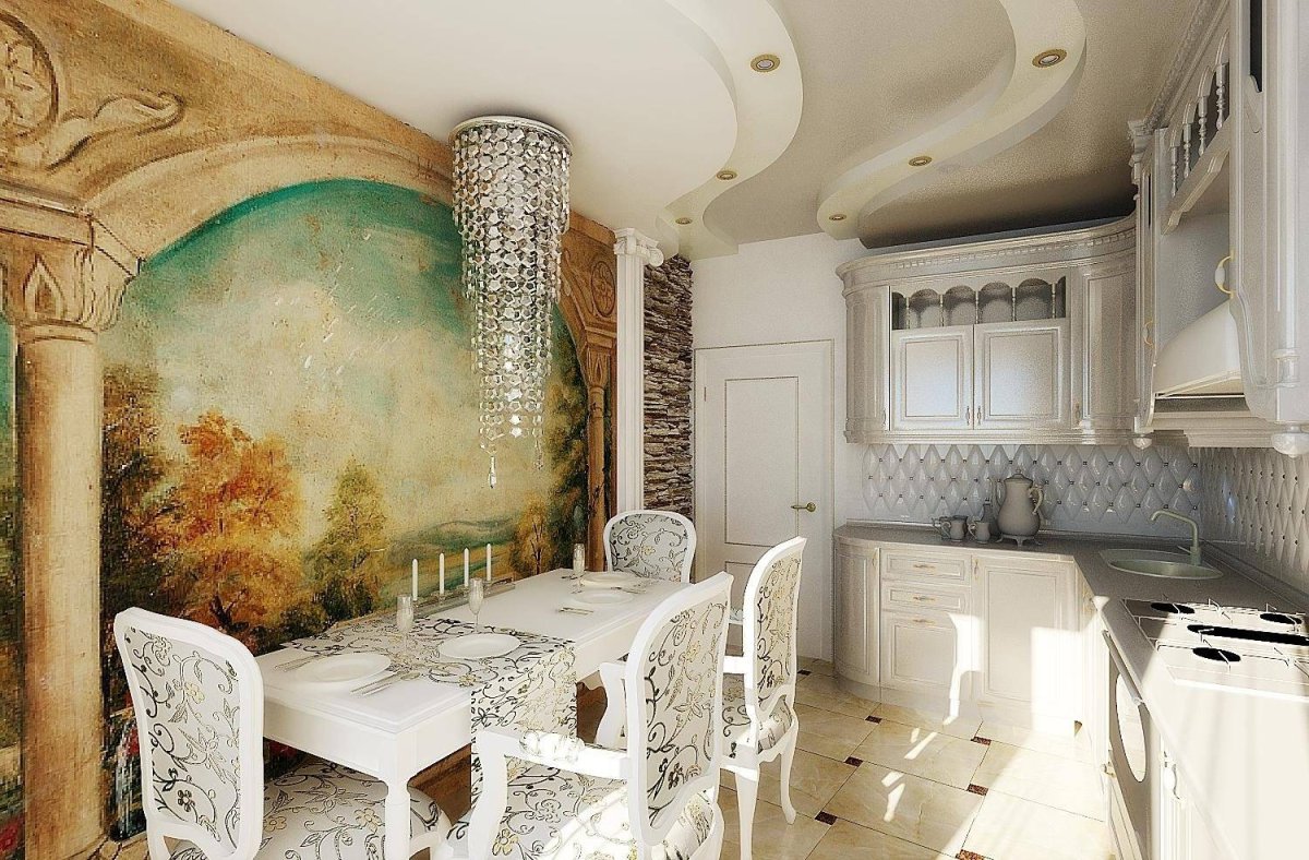 Роспись стен в интерьере кухни