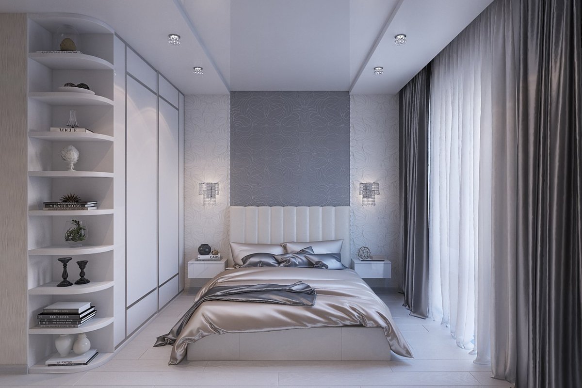 Спальня с полками над кроватью