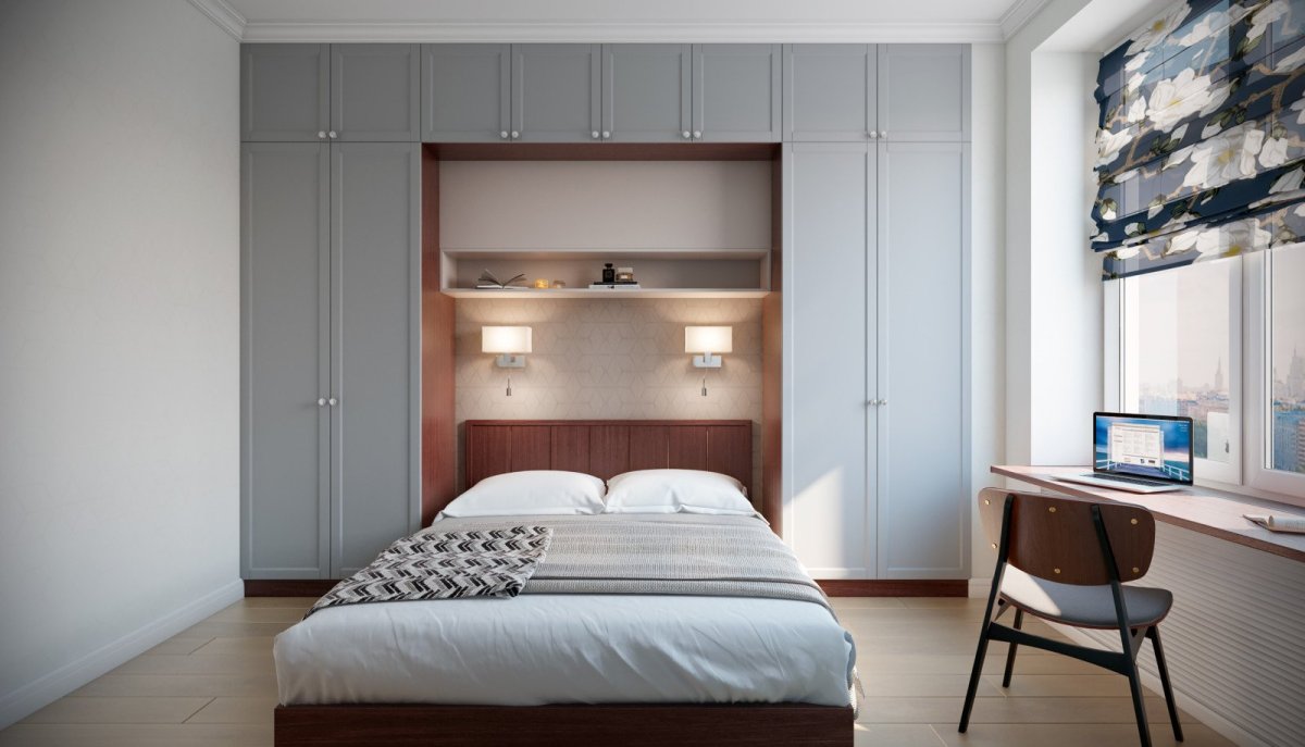 Интерьер маленькой спальни с двуспальной кроватью