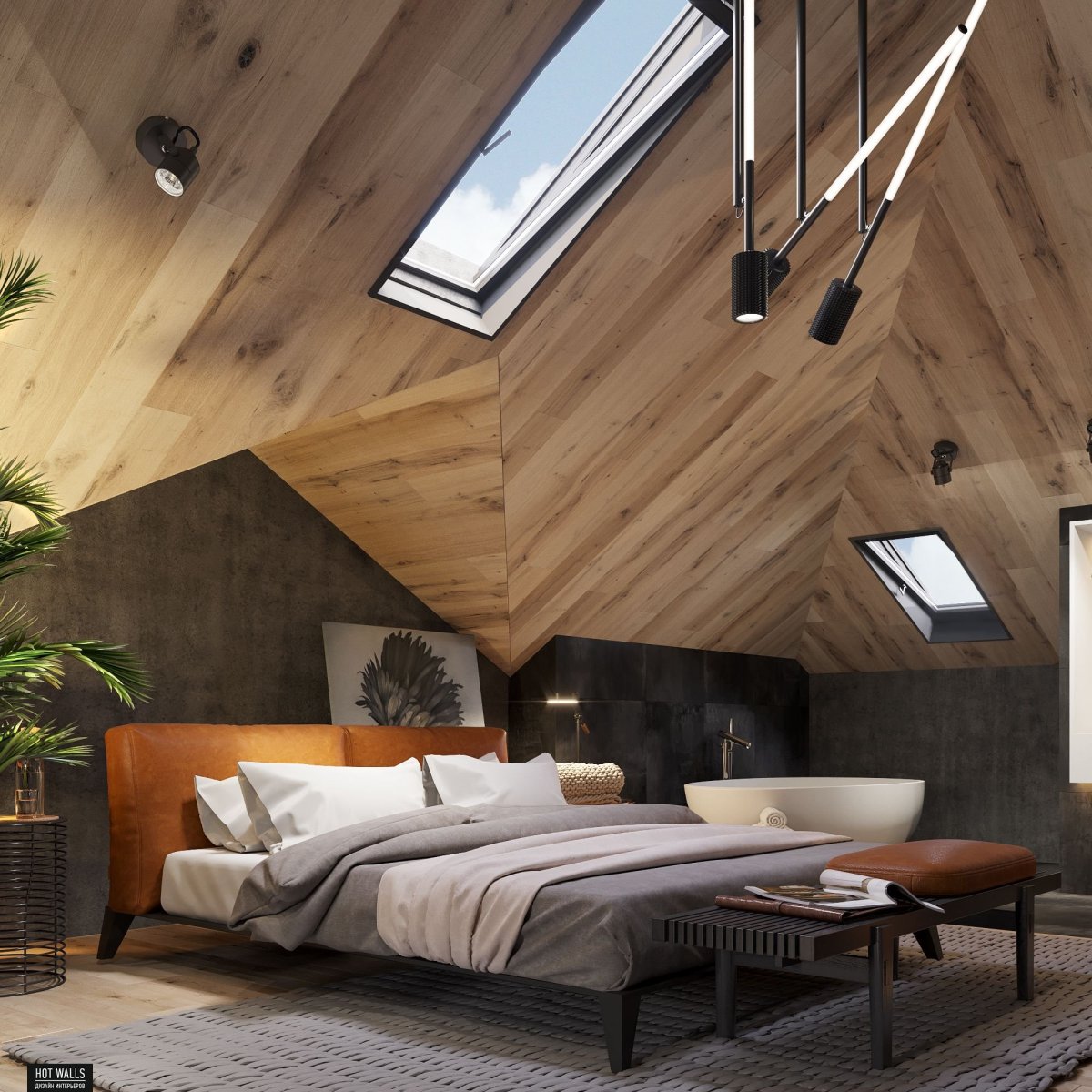 Спальня в стиле лофт в деревянном доме
