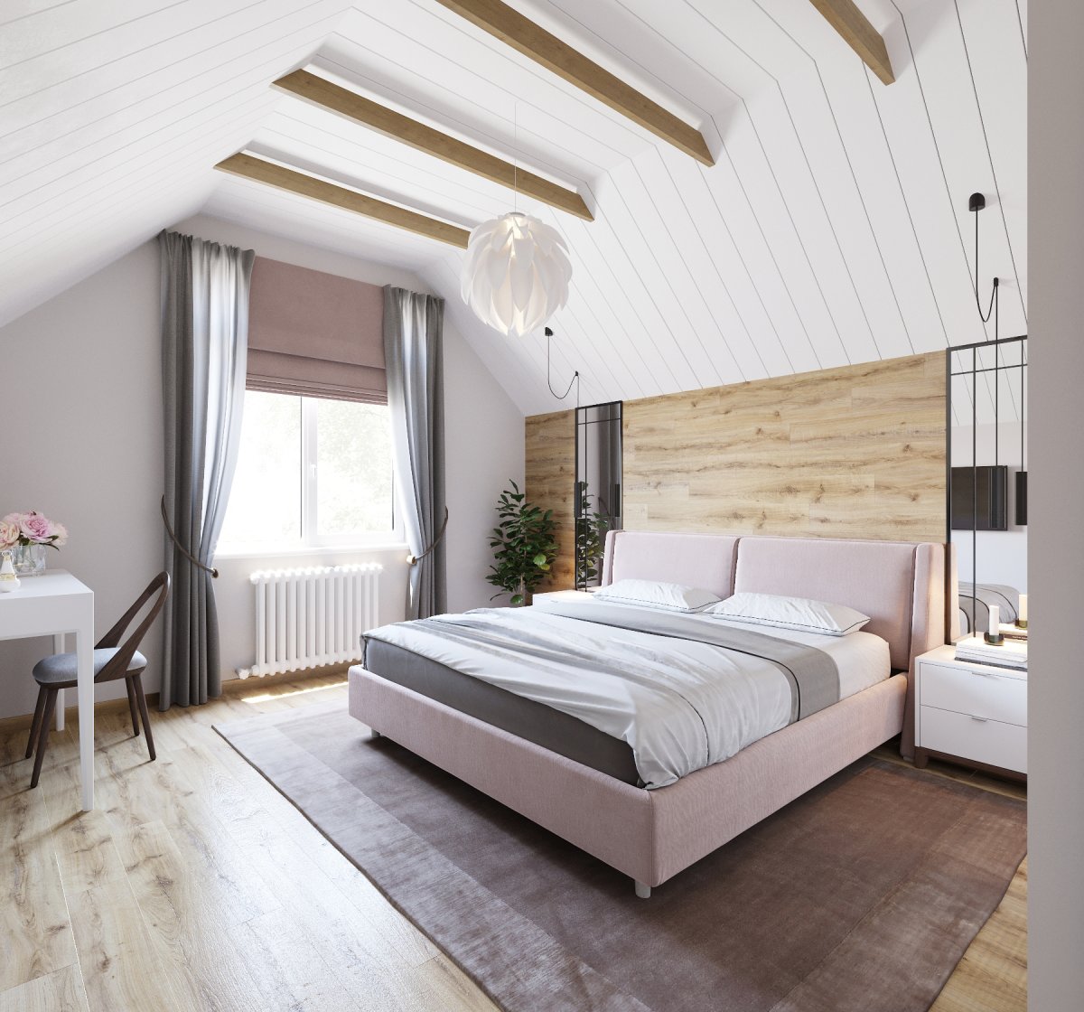 Спальня в скандинавском стиле на мансардном этаже