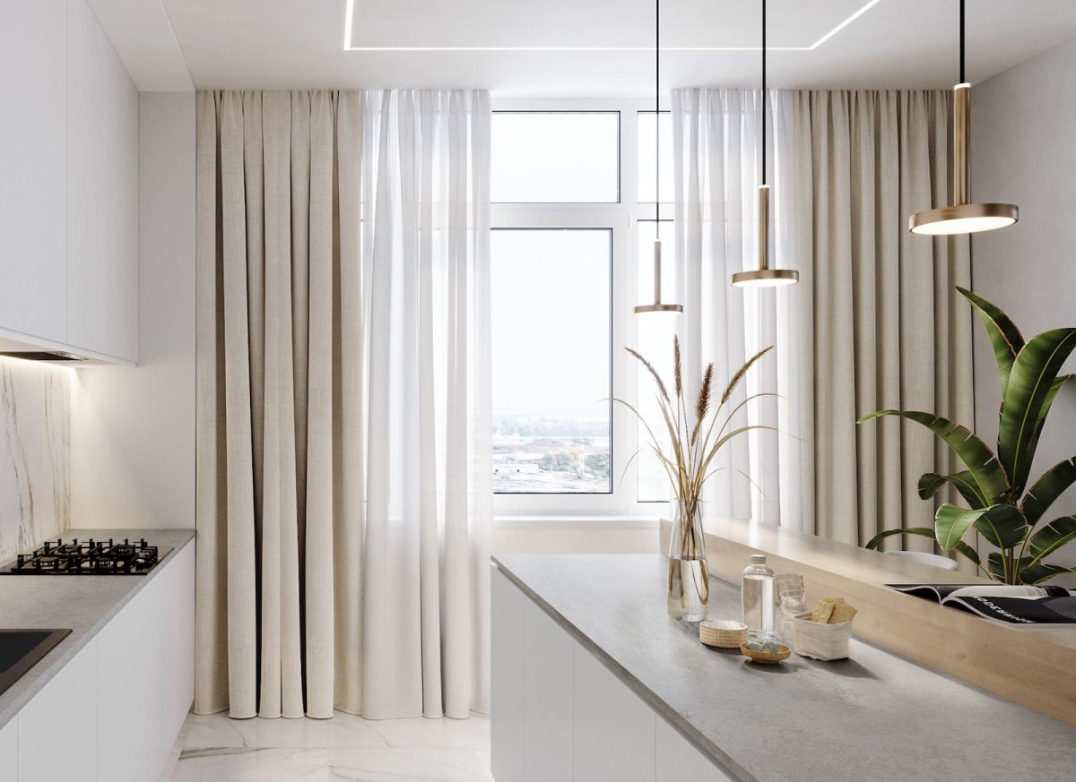 Шторы в комнате с натяжным потолком