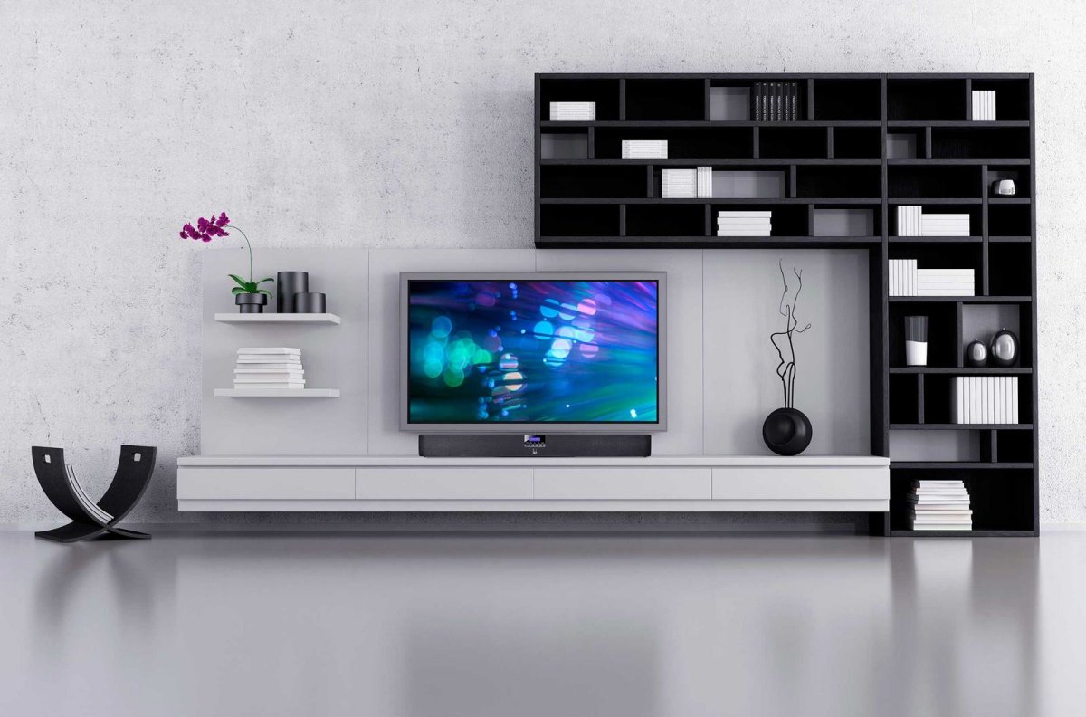 Гостиная в современном стиле с висящим телевизором